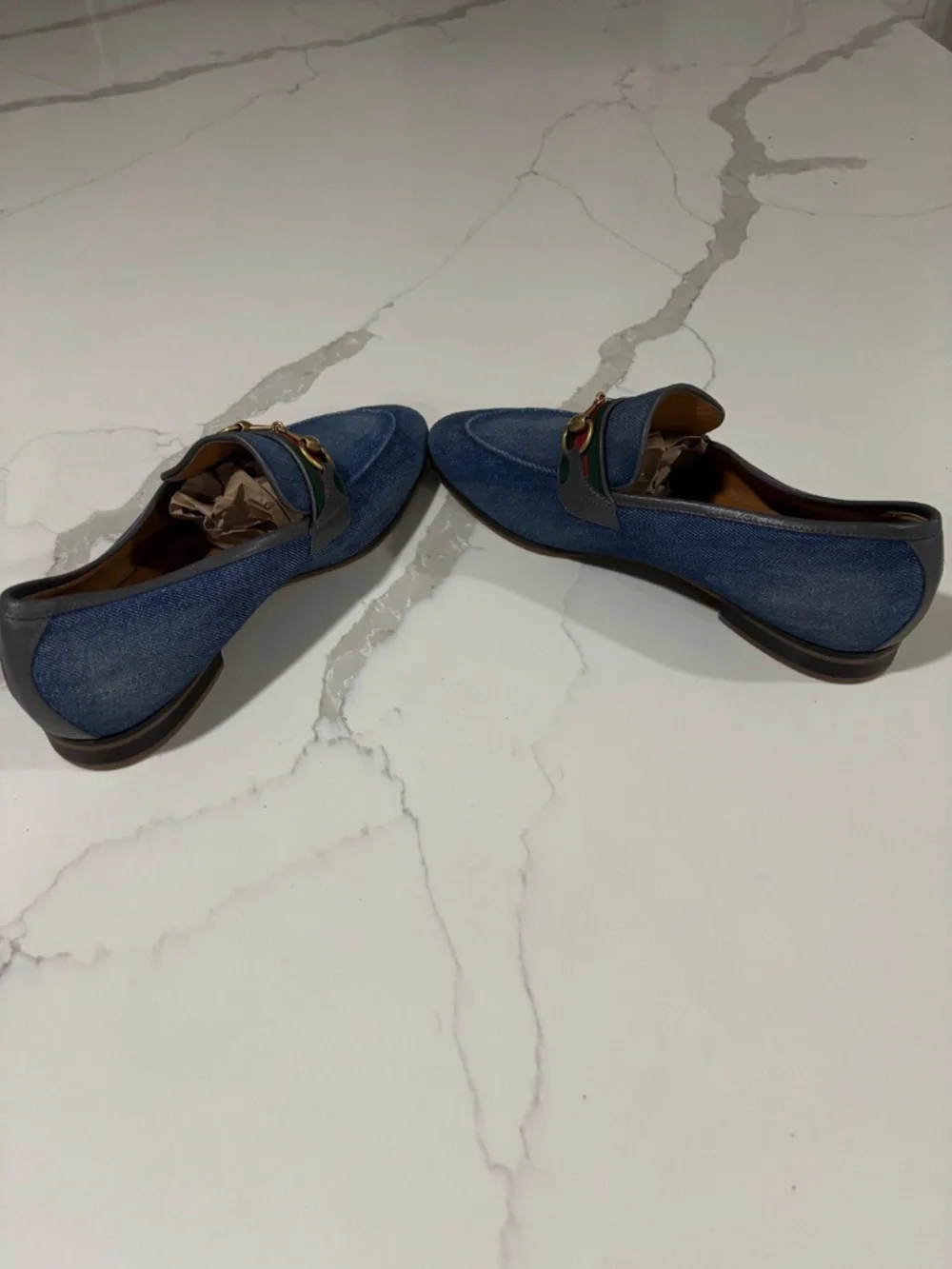 Gucci Blue Denim Horsebit Loafers with Green and Red Web